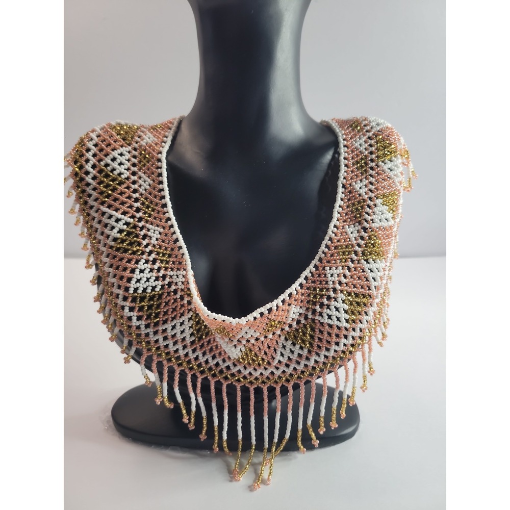 Handmade Pink Orange White Gold Beaded Collar Necklace Fringe Bib Statement Boho